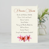 ピンクのプルメリアフラワーズゲストリストフォイルのシーティングカード 箔招待状 (立ち正面)
