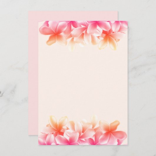ピンクのプルメリアフラワーノート空白の紙 招待状 (正面/裏面)