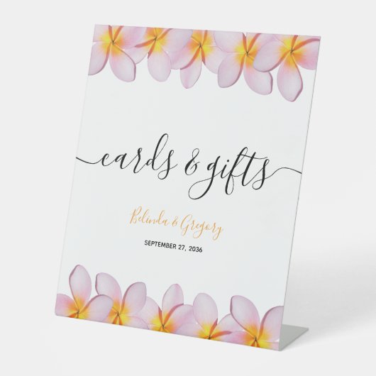 ピンクのプルメリアフランジパニ結婚式カード&ギフト 台座サイン (正面)