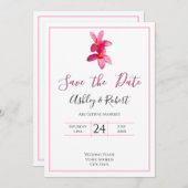 ピンクのプルメリアモダンの花結婚の日救付付 招待状 (正面/裏面)