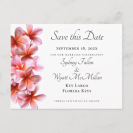 ピンクのプルメリア日付を保存する白い葉書 案内ポストカード