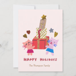 ピンクのプレゼントボックスを持つかわいい猫たち シーズンカード