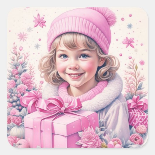 ピンクのプレゼントボックスを持つヴィンテージガール スクエアシール (正面)