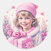 ピンクのプレゼントボックスを持つヴィンテージガール ラウンドシール (正面)