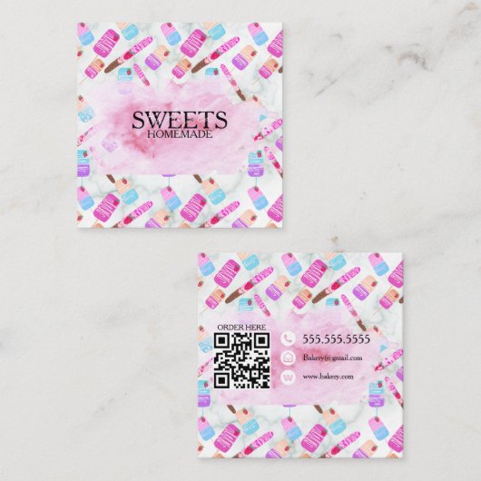 ピンクのプレッツェルベーカリーのお菓子 スクエア名刺 (正面/裏面)