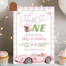 ピンクのプレッピーなレトロなスピードで走るONE誕生日招待状