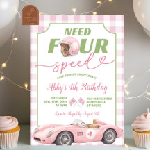 ピンクのプレッピーなレトロ風Need Four Speedバースデー招待状