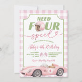 ピンクのプレッピーなレトロ風Need Four Speedバースデー招待状 招待状 (正面)