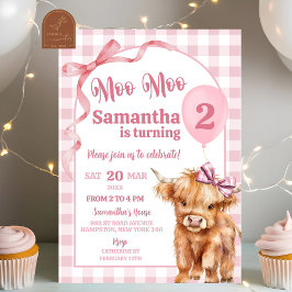 ピンクのプレッピーギンガムチェックのカウガール2歳の誕生日 招待状