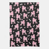 ピンクのプードルと弓パターンブラック キッチンタオル (縦)