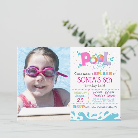 ピンクのプールを囲んでのパーティInvitaiton -女の子のプールを囲んでのパーティ 招待状 (スタンド正面)