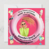 ピンクのプールパーティーのカクテル パイナップル スイート16 フォト 招待状 (正面)