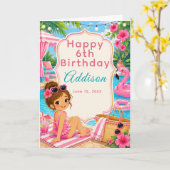 ピンクのプールパーティーの女の子の誕生日  カード (黄色い花)