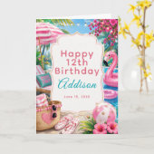 ピンクのプールパーティーの女の子の誕生日  カード (黄色い花)