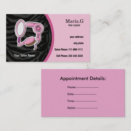 ピンクのヘアサロンカード(背面にアポイントメント付き) 予約カード (正面/裏面)