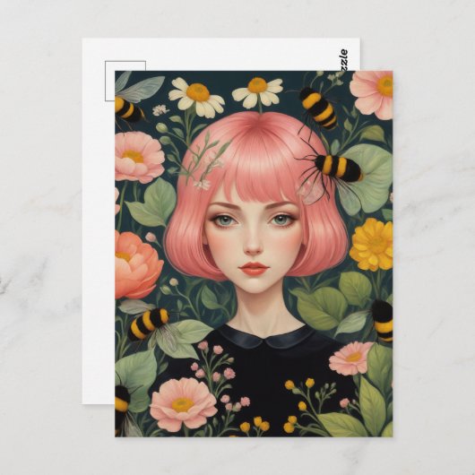 ピンクのヘアハチミツと花 ポストカード (正面/裏面)