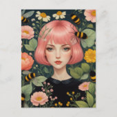 ピンクのヘアハチミツと花 ポストカード (正面)