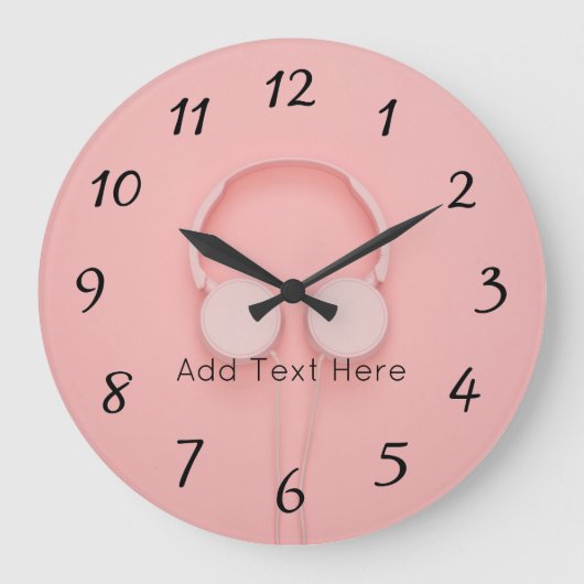 ピンクのヘッドフォン（ワイヤ付き） ラージ壁時計 (正面)