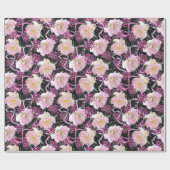 ピンクのヘレボアフラワーズベリー&リボンの黒 ラッピングペーパー (フラット)