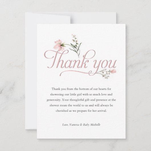 ピンクのベイビーガールシャワーワイルドフラワーの感謝カード サンキューカード (正面)