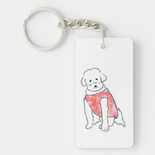 ピンクのベストを着た愛らしい手描きの白いふわふわ犬 キーホルダー