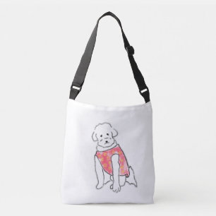 ピンクのベストを着た愛らしい手描きの白いふわふわ犬 クロスボディバッグ