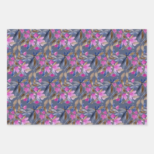 ピンクのベネチアンブルーのシダーに花の水彩 ラッピングペーパーシート (正面3)