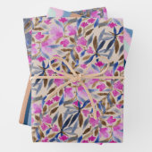 ピンクのベネチアンブルーのシダーに花の水彩 ラッピングペーパーシート (インサイチュ)