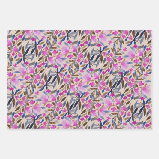 ピンクのベネチアンブルーのシダーに花の水彩 ラッピングペーパーシート (正面)