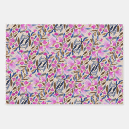 ピンクのベネチアンブルーのシダーの花の水彩画 ラッピングペーパーシート