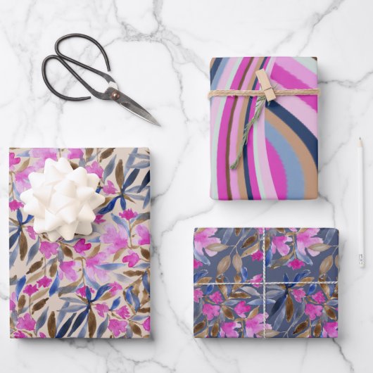 ピンクのベネチアンブルーのシダーの花の水彩画 ラッピングペーパーシート (正面)
