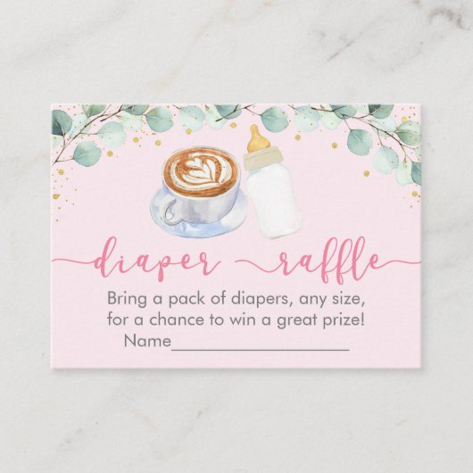 ピンクのベビーがコーヒーおむつラッフルを醸造している エンクロージャーカード (正面)