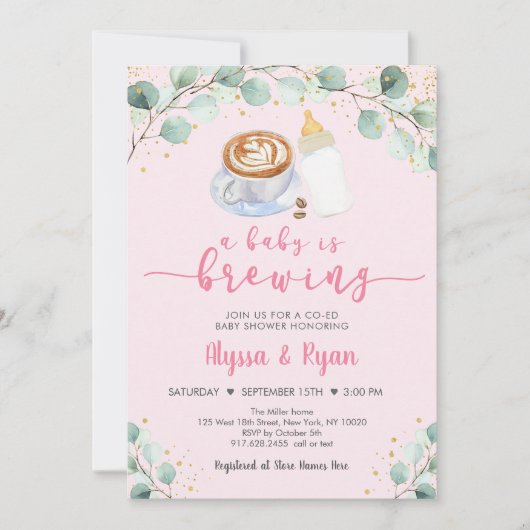 ピンクのベビーがコーヒーの赤ちゃんシャワーを醸造している 招待状 (正面)