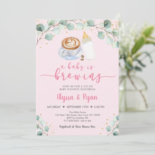 ピンクのベビーがコーヒーの赤ちゃんシャワーを醸造している 招待状 (スタンド正面)