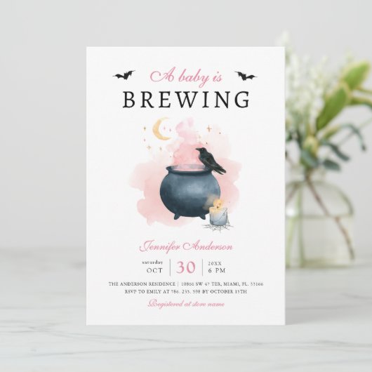 ピンクのベビーがハロウィーンの赤ちゃんシャワーを醸造している 招待状 (スタンド正面)