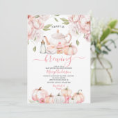 ピンクのベビーがブルーイング茶かぼちゃの秋赤ちゃんシャワー 招待状 (スタンド正面)