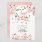 ピンクのベビーがブルーイング茶かぼちゃの秋赤ちゃんシャワー 招待状 (正面/裏面)