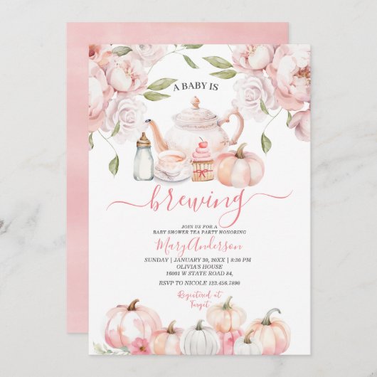 ピンクのベビーがブルーイング茶かぼちゃの秋赤ちゃんシャワー 招待状 (正面/裏面)