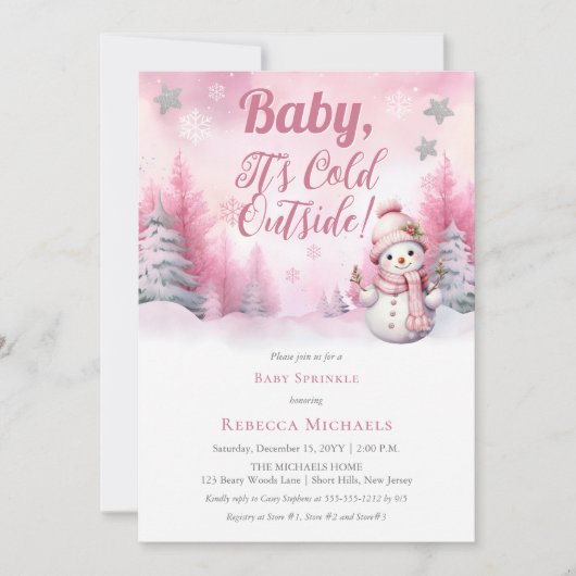 ピンクのベビーその冷たい外の雪の女の子のベビー散水 招待状 (正面)