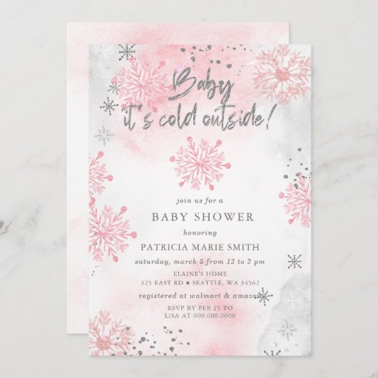ピンクのベビーその寒い外の冬の赤ちゃんシャワー 招待状 (正面/裏面)