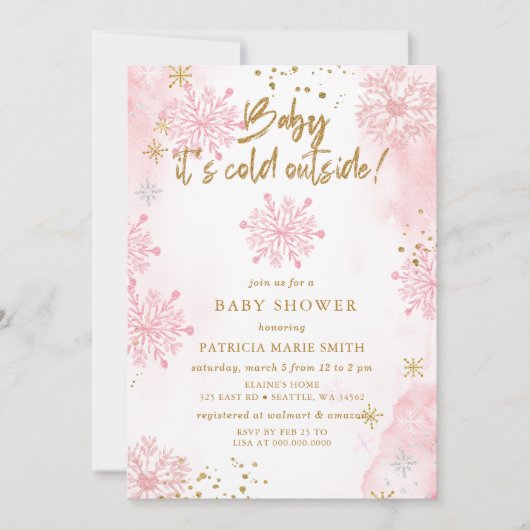 ピンクのベビーその寒い外の冬の赤ちゃんシャワー 招待状 (正面)