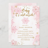 ピンクのベビーその寒い外の冬の赤ちゃんシャワー 招待状 (正面/裏面)