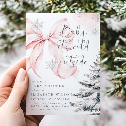 ピンクのベビーそれが寒い外の弓の女の子ベビーシャワー 招待状