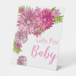 ピンクのベビーで開花ブランチのシャワーギフト 台座サイン