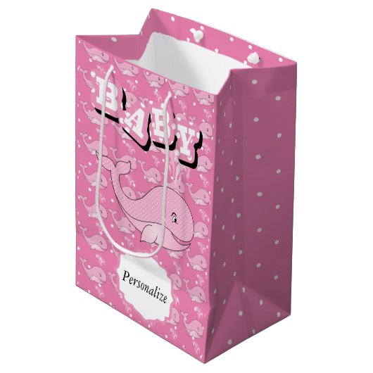 ピンクのベビーのポルカの点々のあるなクジラ ミディアムペーパーバッグ (正面アングル)