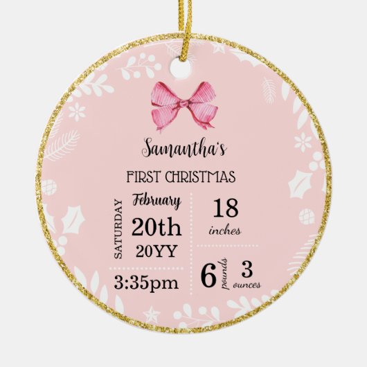 ピンクのベビーの初めてのクリスマスと写真 セラミックオーナメント (正面)