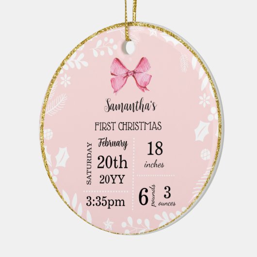 ピンクのベビーの初めてのクリスマスと写真 セラミックオーナメント (左)