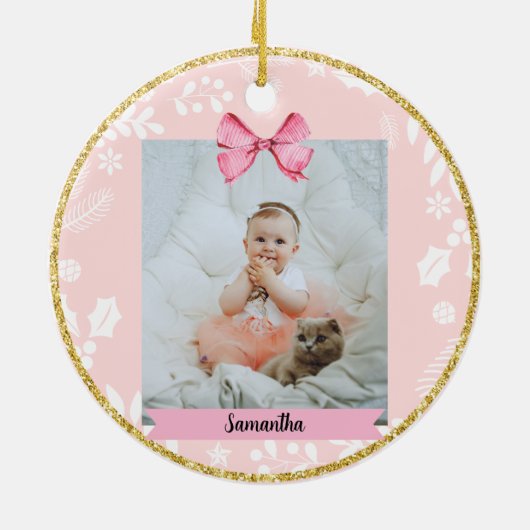ピンクのベビーの初めてのクリスマスと写真 セラミックオーナメント (裏面)