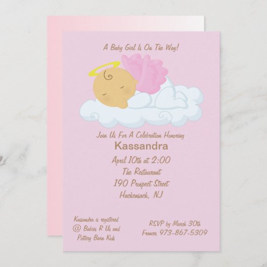 ピンクのベビーの天使のベビーシャワーの招待状 招待状 (正面/裏面)