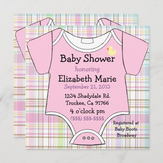 ピンクのベビーの用品類のシャワー 招待状 (正面/裏面)